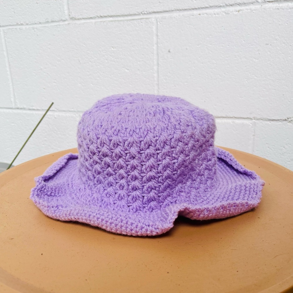 Purple Knitted Wide-Brim Hat with Textured Pattern